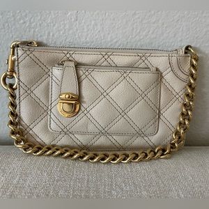 Marc Jacobs wristlet clutch, cream quilted leather with gold tone chain
